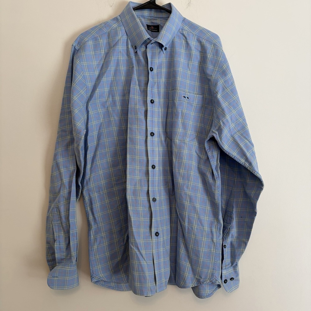 Fish Hippie Large Button Down Long Sleeve Blue Shirt Work Career Fraternity